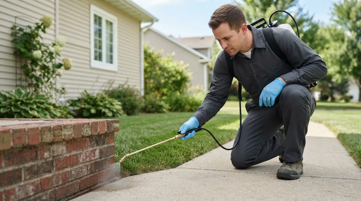 Pest control technician treating a home near Linden, MI