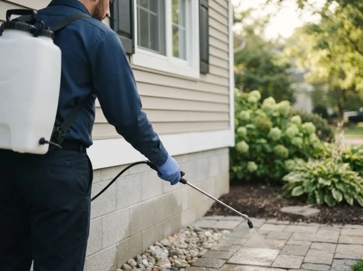 Pest control technician inspecting a home in Linden, MI